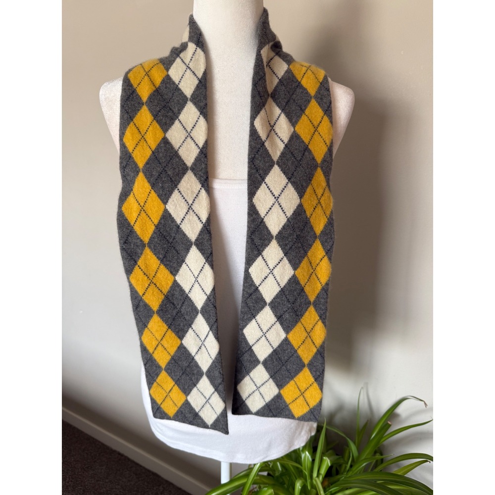 J.Crew Cashmere Scarf Yellow/Gray Argyle Knit Classic Preppy Colligate Academia